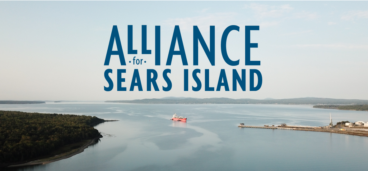 aerial photo of Sears island and Mack Point with a tanker in between and the Alliance for Sears Island logo superimposed
